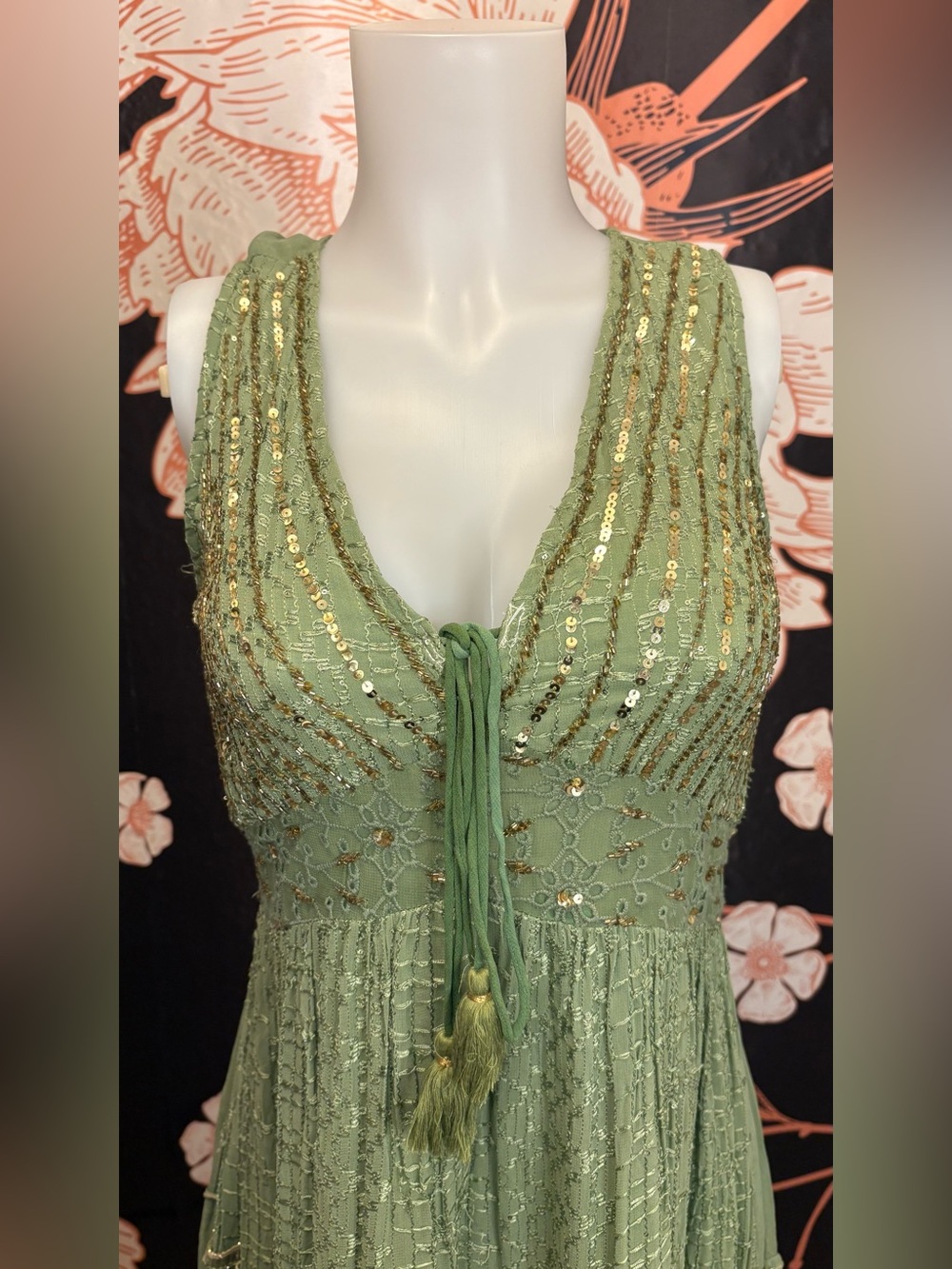 NWT Gorgeous Sage Green and Gold Resort Luxe Tiered Embellished Maxi Dress - Picture 7 of 16
